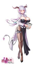 Rule 34 | 1girl, black pantyhose, blush, bracelet, breasts, choker, cleavage, clipboard, crossed legs, demon girl, demon tail, dress, earrings, floating hair, full body, garter straps, grin, high heels, highres, hip vent, horns, id card, jewelry, lab coat, lace, lace panties, large breasts, lipstick, long hair, makeup, mole, mole under eye, orange eyes, original, panties, pantyhose, pointy ears, silver hair, simple background, skindentation, smile, standing, syringe, tail, thigh strap, thighband pantyhose, tsuki no i-min, underbust, underwear, watson cross, white background
