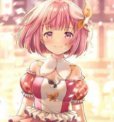 Rule 34 | 1girl, asymmetrical sleeves, banned artist, bare shoulders, blurry, blurry background, blush, breasts, closed mouth, confetti, depth of field, detached sleeves, frilled sleeves, frills, hair ornament, looking at viewer, medium breasts, mismatched sleeves, ootori emu, pink hair, project sekai, puffy short sleeves, puffy sleeves, purple eyes, short sleeves, smile, solo, yuuka nonoko