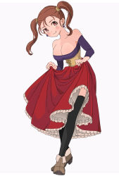 Rule 34 | 1girl, blush, breasts, brown eyes, brown hair, cleavage, closed mouth, corset, dragon quest, dragon quest viii, dress, earrings, highres, jessica albert, jewelry, large breasts, looking at viewer, miyama (kannsannn), purple shirt, shirt, simple background, smile, solo, strapless, thighhighs, twintails