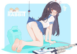 Rule 34 | 1girl, absurdres, all fours, animal ears, bare legs, barefoot, blue archive, blue skirt, blunt bangs, bob (pixiv49522586), clothes lift, english text, fake animal ears, feet, fishing hook, fishing line, from side, full body, gun, highres, legs, long hair, looking back, miyu (blue archive), open mouth, panties, pleated skirt, rabbit ears, red eyes, rifle, school uniform, serafuku, shadow, shiny skin, shirt, short hair, sidelocks, skirt, skirt lift, sniper rifle, soles, solo, thighs, toes, underwear, weapon, white panties, white shirt