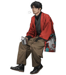 Rule 34 | 1boy, black footwear, black hair, brown pants, full body, highres, invisible chair, jacket, long sleeves, male focus, original, pants, red jacket, rinotuna, shoes, short hair, simple background, sitting, solo, white background