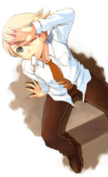 Rule 34 | 1boy, atlus, blonde hair, blue eyes, food, from above, kuma (persona 4), male focus, mouth hold, one eye closed, persona, persona 4, popsicle, school uniform, seiru (prairie), shading eyes, short hair, solo, wink
