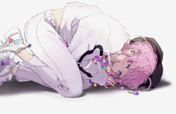 Rule 34 | 1boy, amemura ramuda, black hat, blue eyes, candy, cigarette, feet out of frame, food, food print, foot up, from side, hat, highres, holding, hypnosis mic, lollipop, long sleeves, looking at viewer, male focus, micaoz, mouth hold, pants, pink hair, prostration, shoes, smoke, smoking, sneakers, solo, sweater, white background, white footwear, white pants, white sweater
