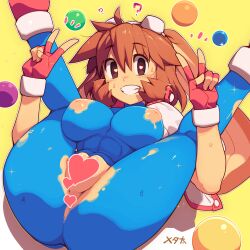 Rule 34 | 1girl, animal ears, blue bodysuit, bodysuit, breasts, brown hair, censored, cleft of venus, come hither, double v, fingerless gloves, folded, gloves, goggles, goggles on head, grin, highres, inverted nipples, large breasts, legs up, leotard, looking at viewer, lying, makihara arina, nipples, on back, presenting, purple eyes, pussy, rabbit ears, skin tight, smile, solo, sweat, torn clothes, unitard, v, waku waku 7