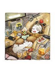Rule 34 | 1girl, animal costume, apple, arknights, bean bag, bear costume, beehunter (arknights), beehunter (honey pilferer) (arknights), border, bottle, box, brown hair, cellphone, chinese commentary, chips (food), closed eyes, commentary, controller, drooling, fangs, food, fruit, highres, honey, indoors, jar, lying, messy room, multicolored hair, nintendo switch, official alternate costume, on back, open mouth, parted bangs, phone, pipidan, pocky, potato chips, remote control, rhine lab logo, saliva, short hair, silver hair, sleeping, smartphone, solo, traditional media, two-tone hair