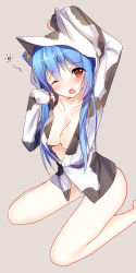 Rule 34 | 1girl, animal ears, bison cangshu, blue hair, breasts, cardigan, cat ears, cat girl, cleavage, collarbone, female focus, grey background, highres, hood, hooded sweater, long hair, one eye closed, open cardigan, open clothes, open mouth, panties, quincy (warship girls r), red eyes, simple background, solo, sweater, underwear, warship girls r, white panties