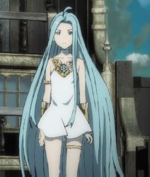Rule 34 | 10s, 1girl, :o, absurdly long hair, ahoge, animated, animated gif, arm strap, armpits, bare shoulders, barefoot, blue eyes, blue hair, blush, choker, dress, gem, granblue fantasy, long hair, lyria (granblue fantasy), panties, simple background, sleeveless, solo, thigh strap, thighs, underwear, very long hair, white dress