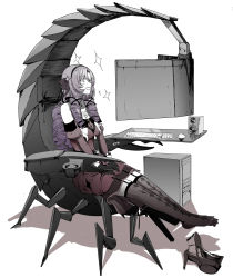 Rule 34 | 1girl, argyle, argyle clothes, argyle legwear, black gloves, chair, commentary request, computer, computer tower, cup holder, desk, diamond print, dress, drill hair, gaming chair, garter straps, gloves, hair ribbon, hairband, hands on lap, highres, hyakumantenbara salome, keyboard (computer), long hair, looking at screen, monitor, mouse (computer), multiple monitors, muted color, nijisanji, outstretched legs, purple hair, red dress, ribbon, scorpion, scorpion tattoo, shoes, simple background, sitting, smile, solo, sparkle, speaker, strapless, strapless dress, strappy heels, swivel chair, syatey, tattoo, thighhighs, unworn shoes, virtual youtuber, white background