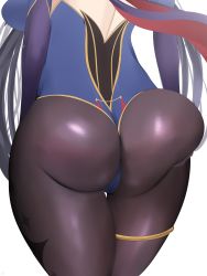 Rule 34 | 1girl, absurdres, ass, ass focus, ass grab, ass support, blue leotard, breasts, from behind, genshin impact, highres, huge ass, large breasts, leotard, lower body, mona (genshin impact), purple legwear, sana!rpg, simple background, solo, thighlet, thighs, white background