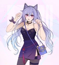 Rule 34 | 1girl, absurdres, animal ears, black pantyhose, black thighhighs, blush, bracelet, breasts, cat ears, choker, clothing request, fake animal ears, fashion, gem, genshin impact, hairband, highres, jewelry, keqing (genshin impact), long hair, looking at viewer, necklace, pale skin, pantyhose, purple eyes, purple hair, shohje, solo, thighhighs, twintails
