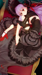 Rule 34 | 10s, 1girl, absurdres, arm belt, barefoot, bb (fate), bb (fate/extra), belt buckle, black dress, black neckwear, bonnet, bow, breasts, buckle, choker, cleavage, dress, fate/extra, fate/extra ccc, fate/extra ccc fox tail, fate (series), feet, from above, frown, gothic lolita, hat, hat ribbon, highres, hugging own legs, lolita fashion, long hair, long sleeves, looking at viewer, lying, mary janes, medium breasts, on side, petals, purple hair, red eyes, red footwear, red ribbon, ribbon, shoes, single shoe, single sock, socks, solo, toes, white socks, wu (4401153)