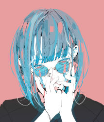 Rule 34 | 1girl, absurdres, black shirt, blue-tinted eyewear, blue hair, blunt bangs, bob cut, bracelet, commentary request, covering own mouth, ear piercing, glasses, hands on own face, head tilt, highres, jewelry, looking at viewer, medium hair, no pupils, nocopyrightgirl, original, pale skin, piercing, portrait, red background, red eyes, ring, shirt, short sleeves, sidelocks, signature, solo, tinted eyewear
