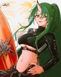 1girl arknights breasts brown_nails commentary_request cowboy_shot facial_scar fingernails green_hair grey_background groin hair_between_eyes hand_on_own_hip harukan_tiusu holding holding_surfboard horns hoshiguma_(arknights) hoshiguma_(seeker)_(arknights) jewelry long_hair long_sleeves looking_at_viewer medium_breasts midriff nail_polish navel necklace open_mouth partial_commentary scar scar_on_cheek scar_on_face signature single_horn sketch skin-covered_horns smile solo standing surfboard underboob yellow_eyes