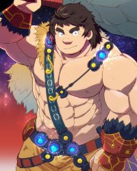 Rule 34 | 1boy, abs, bara, bare pectorals, belt, brown hair, fate/grand order, fate (series), gloves, large pectorals, looking at viewer, male focus, muscular, navel, nipples, super orion (fate), pants, pectorals, simple background, solo, thick eyebrows, upper body, weapon, yakiniku0141