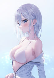 Rule 34 | 1girl, absurdres, armpit crease, bare shoulders, bikini, blue eyes, breasts, cleavage, collarbone, from side, halterneck, highres, jacket, jimmy madomagi, long hair, long sleeves, looking at viewer, medium breasts, off shoulder, open clothes, open jacket, original, parted lips, partially unzipped, solo, string bikini, swimsuit, upper body, white bikini, white hair, white jacket