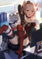 Rule 34 | 1girl, absurdres, amatsukaze (kancolle), arm up, black panties, breasts, brown eyes, choker, cleavage, collarbone, dress, garter straps, highres, indoors, kantai collection, long hair, non-web source, off shoulder, panties, photo (object), red thighhighs, rensouhou-kun, restrained, sailor dress, shibari, shibari over clothes, shimakaze (kancolle), short dress, silver hair, small breasts, solo, swd3e2, tears, thighhighs, two side up, underwear