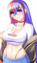 Rule 34 | 1girl, alear (female) (fire emblem), alear (fire emblem), anisdrawn, black choker, black jacket, black panties, blue eyes, blue hair, braid, breasts, choker, cleavage, clothes writing, commentary, crop top, crown braid, female focus, fire emblem, fire emblem engage, heterochromia, highleg, highleg panties, highres, jacket, large breasts, long sleeves, matching hair/eyes, midriff, multicolored hair, navel, nintendo, off shoulder, panties, red eyes, red hair, short sleeves, simple background, solo, stomach, thong, two-tone hair, underwear, upper body, white background