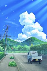 Rule 34 | blue sky, chain-link fence, cloud, commentary request, day, fence, hedge, highres, motor vehicle, mountain, no humans, original, outdoors, pickup truck, plant, power lines, road, road sign, sakurachoco, scenery, sign, sky, stop sign, subaru, subaru sambar, truck, utility pole