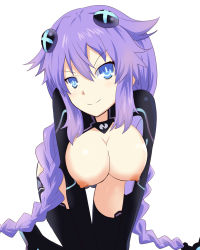 Rule 34 | 1girl, all fours, blue eyes, bodysuit, braid, breasts, breasts out, female focus, hair ornament, highres, large breasts, long hair, looking at viewer, neptune (neptunia), neptune (series), nipples, power symbol, purple hair, purple heart (neptunia), smile, solo, symbol-shaped pupils, twin braids