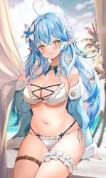 Rule 34 | 1girl, ahoge, bare shoulders, bikini, blue hair, blue jacket, bow, bowtie, braid, breasts, bridal garter, cleavage, criss-cross halter, curtains, flower, frilled bikini, frills, fur trim, hair flower, hair ornament, half updo, halterneck, hand up, heart, heart ahoge, highleg, highleg bikini, highres, holding, hololive, jacket, large breasts, long hair, long sleeves, looking at viewer, multi-strapped bikini, nail polish, navel, off shoulder, open clothes, open jacket, parted lips, pointy ears, satoupote, side-tie bikini bottom, sidelocks, sitting, smile, solo, stomach, string bikini, swimsuit, thigh strap, thighs, virtual youtuber, white bikini, yellow eyes, yukihana lamy
