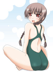 Rule 34 | 00s, 1girl, ass, barefoot, braid, brown eyes, brown hair, competition swimsuit, crossed legs, hair over shoulder, indian style, long hair, looking back, maria-sama ga miteru, md5 mismatch, one-piece swimsuit, open mouth, resolution mismatch, shimazu yoshino, sitting, solo, source larger, swimsuit, twin braids