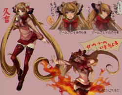 Rule 34 | 1girl, absurdly long hair, akilico, blazblue, blonde hair, blue eyes, bow, breasts, character sheet, fire, hair ribbon, kuon glamred stroheim, long hair, miniskirt, multiple views, red bow, red thighhighs, ribbon, school uniform, skirt, small breasts, thighhighs, translation request, two side up, v-neck, very long hair, xblaze, xblaze code: embryo, zettai ryouiki