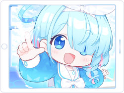 Rule 34 | 1girl, absurdres, arona (blue archive), blue archive, blue eyes, blue hair, blue halo, blue pupils, blue shirt, bow, braid, chibi, choker, commentary, hair over one eye, hair ribbon, hairband, halo, highres, light blue hair, long sleeves, looking at viewer, multicolored hair, open mouth, pink hair, puffy long sleeves, puffy sleeves, ribbon, romaji commentary, sailor collar, sailor shirt, shirt, short hair, side braid, single braid, solo, surps, tablet pc, two-tone hair, white bow, white choker, white hairband, white ribbon, white sailor collar