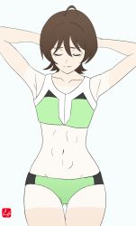 Rule 34 | 1girl, abs, ahoge, armpits, belly, brown hair, buruma, chris re5, closed eyes, devilman, devilman crybaby, eyebrows, flat chest, highres, makimura miki, short hair, simple background, smile, solo, stomach, sweat, tan, tanline, white background