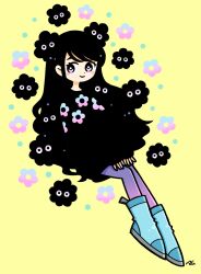 Rule 34 | 1girl, aqua footwear, black hair, black sweater, blending, blush stickers, bright pupils, closed mouth, commentary request, creature, dot nose, dress, floral print, flower (symbol), full body, garouma, gradient legwear, highres, invisible chair, long hair, looking at viewer, original, pantyhose, pink eyes, pink pantyhose, plantar flexion, print sweater, purple pantyhose, shoes, signature, sitting, sleeves past wrists, smile, solo, sweater, sweater dress, two-tone pantyhose, very long hair, wavy hair, white pupils, yellow background