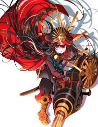 Rule 34 | 1girl, armored boots, boots, buster shirt, cape, cloak, crest, family crest, fate/grand order, fate (series), hat, highres, holding, holding weapon, katana, long hair, military hat, oda nobunaga (fate), oda uri, peaked cap, red cape, red cloak, red eyes, shadow, simple background, solo, sword, very long hair, weapon, white background, yui (tamagohan)