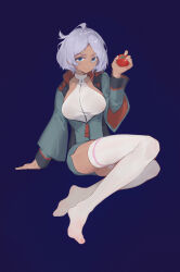 Rule 34 | 1girl, :q, blue background, breasts, commentary, dark-skinned female, dark skin, flyinbunny, food, full body, green eyes, green jacket, gundam, gundam suisei no majo, hand up, highres, holding, holding food, holding vegetable, jacket, large breasts, long sleeves, looking at viewer, no shoes, partially unzipped, secelia dote, shirt, short hair, simple background, sitting, smile, solo, thighhighs, tomato, tongue, tongue out, vegetable, white hair, white shirt, white thighhighs
