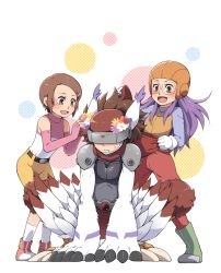 Rule 34 | 1boy, 2girls, all fours, animal ears, artist request, back bow, belt, belt buckle, bird legs, boots, bow, buckle, cat ears, chest protector, claws, commentary request, covered eyes, digimon, digimon (creature), digimon adventure 02, dressing another, elbow gloves, embarrassed, eyelashes, fang, fang out, feathered wings, flower, flower on head, full body, fur, glasses, gloves, green footwear, hair ornament, hairclip, hat, helmet, inoue miyako, jacket, leaning forward, long hair, long sleeves, medium hair, multicolored clothes, multicolored jacket, multiple girls, open mouth, oversized limbs, pants, pink gloves, pink shirt, polka dot, polka dot background, red pants, round eyewear, shadow, shirt, short hair, shorts, shoulder pads, sidelocks, silphymon, simple background, sleeveless, sleeveless turtleneck, socks, squatting, standing, sweatdrop, swept bangs, turtleneck, two-tone footwear, two-tone jacket, two-tone shirt, visor, white background, white gloves, white legwear, white shirt, wings, yagami hikari, yellow shorts, zipper