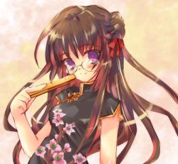Rule 34 | 1girl, china dress, chinese clothes, dress, glasses, simple background, solo, tsukamichi fumi