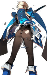 Rule 34 | 1boy, 1girl, ass, blazblue, blonde hair, blue eyes, dissolving clothes, from behind, kisaragi jin, looking back, male focus, starshadowmagician, sword, tight clothes, weapon, white background, yukianesa