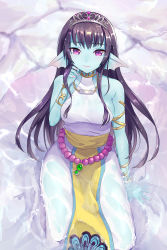 Rule 34 | 1girl, bare shoulders, beads, belly chain, black hair, blue skin, breasts, colored skin, dragon quest, dragon quest x, dress, fins, halterneck, head fins, highres, jewelry, kz ripo, long hair, looking at viewer, medium breasts, monster girl, nail polish, necklace, partially submerged, purple eyes, sash, seria (dq10), sideboob, sitting, smile, solo, tiara, water, weddie (dq10), wet, wet clothes