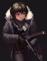 Rule 34 | 1girl, bad id, bad pixiv id, brown eyes, brown hair, bypos, curly hair, fur-trimmed jacket, fur trim, gloves, gun, holding, holding gun, holding weapon, id card, jacket, original, pouch, short hair, simple background, solo, tag, weapon, weapon request