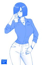 Rule 34 | 1girl, absurdres, artist name, bob cut, breasts, closed mouth, collarbone, collared shirt, contrapposto, cowboy shot, desyana laurentia, glasses, hand on own hip, highres, jewelry, large breasts, long sleeves, looking at phone, medium hair, monochrome, nail polish, necklace, norman maggot, office lady, original, pants, phone, selfie, shirt, shirt tucked in, simple background, sleeves rolled up, solo, swept bangs, white background, white pants, wristband