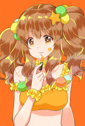 Rule 34 | 10s, 1girl, alternate costume, bare shoulders, body writing, brown eyes, brown hair, choker, cosmetics, crop top, english text, eyebrows, eyelashes, frilled choker, frills, hair ornament, holding lipstick, idolmaster, idolmaster cinderella girls, lipstick mark, lipstick tube, long hair, looking at viewer, midriff, moroboshi kirari, ohlala, orange background, parted lips, pom pom (clothes), simple background, solo, star-shaped pupils, star (symbol), star hair ornament, symbol-shaped pupils, upper body, wrist cuffs