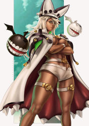 Rule 34 | artist name, beige shorts, black headwear, blonde hair, breasts, brown eyes, cape, crossed arms, dandon fuga, dark-skinned female, dark skin, guilty gear, guilty gear xrd, hat, highres, legband, looking at viewer, micro shorts, navel, ramlethal valentine, shorts, standing, waistband, white cape, white headwear, wristband