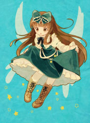 Rule 34 | 1girl, blue background, boots, bow, brown eyes, brown footwear, brown hair, chaba (hortensia), clothes lift, cross-laced footwear, dress, dress lift, female focus, green dress, hair bow, lace-up boots, long hair, open mouth, simple background, solo, star (symbol), star sapphire, touhou, upskirt, very long hair, wings