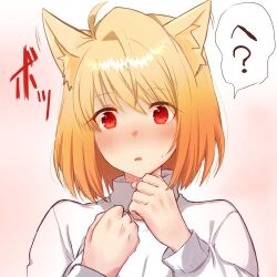 Rule 34 | 1girl, ?, ahoge, animal ears, arcueid brunestud, blonde hair, blush, cat ears, clenched hands, hands up, highres, nachiku, parted lips, red eyes, short hair, simple background, single hair intake, solo, speech bubble, sweat, sweater, tareme, translation request, tsukihime, white sweater