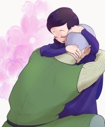 Rule 34 | 1boy, 1girl, aboutama, affectionate, apis (ousama ranking), buzz cut, comforting, floral background, from above, grey hair, heads together, hug, miranjo, ousama ranking, short hair, upper body, very short hair