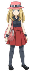 Rule 34 | 1girl, bag, bare shoulders, blonde hair, blue eyes, creatures (company), game freak, goggles, hat, highres, long hair, maruki (punchiki), mary janes, nintendo, official style, pokemon, pokemon xy, serena (pokemon), shoes, simple background, skirt, smile, solo, standing, white background