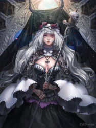 Rule 34 | 1girl, absurdres, artist name, black dress, black gloves, bow, bowtie, breasts, copyright request, cowboy shot, cross, dated, dress, gloves, gothic lolita, grey eyes, grey hair, gzi (shiba-ko), highres, holding, holding staff, lace, lace-trimmed dress, lace trim, large breasts, layered dress, lolita fashion, long hair, long sleeves, looking at viewer, skull, solo, staff, veil, white bow, white bowtie, wide sleeves