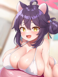 Rule 34 | 1girl, absurdres, ahoge, animal ears, ass, bikini, black hair, blue archive, blurry, blurry background, blush, breasts, cleavage, collarbone, fang, hair between eyes, hair bun, halo, highres, huge breasts, kaede (blue archive), large breasts, looking at viewer, open mouth, oppai loli, pink halo, short hair, single side bun, skin fang, smile, solo, sonao, swimsuit, white bikini, yellow eyes