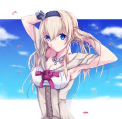 Rule 34 | adapted costume, arms behind head, arms up, blonde hair, blue eyes, blue sky, braid, breasts, cleavage, cloud, crown, dress, flower, french braid, hairband, jewelry, kantai collection, long hair, looking at viewer, mable, mini crown, necklace, off-shoulder dress, off shoulder, red flower, red rose, rose, sky, solo, upper body, warspite (kancolle), white dress