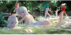 Rule 34 | 6+girls, animal ear fluff, animal ears, artist name, ass, bathing, blue eyes, blue hair, breasts, copyright request, cup, dark skin, dark-skinned female, feet, highres, holding, holding cup, large breasts, legs up, long hair, looking at viewer, looking away, multiple girls, naked towel, onsen, partially submerged, plant, purple eyes, red towel, short hair, swd3e2, towel, water, white hair, white towel