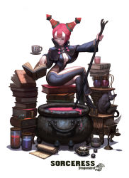 Rule 34 | 10s, 1girl, bad id, bad pixiv id, book, book stack, breasts, cat, cauldron, cleavage, cup, dragon nest, closed eyes, floating, floating object, crossed legs, mug, nail polish, pink hair, pink nails, red hair, scales, scroll, sitting, solo, sorceress (dragon nest), waterpie