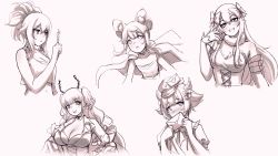 Rule 34 | 5girls, animal ears, bad id, bad twitter id, breasts, cape, cleavage, commentary, corset, covered mouth, crop top, crop top overhang, double bun, english commentary, envelope, flat chest, greyscale, hair bun, hat, head tilt, highres, holding, holding envelope, horns, hoshino char, kirihime ria, large breasts, leaning forward, long hair, looking at viewer, mailman, matsuro meru, medium breasts, midriff, monochrome, mouse ears, multiple girls, navel, open hand, open mouth, short hair, sketch, smile, tongue, tongue out, tsunderia, two side up, umiushi urara, v-shaped eyebrows, valefal coneri, very long hair, virtual youtuber, yazaki kallin