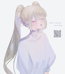 Rule 34 | 1girl, absurdres, blonde hair, blush, closed eyes, english text, headphones, highres, long hair, msa (fary white), open mouth, original, qr code, shirt, simple background, solo, twintails, upper body, very long hair, white shirt